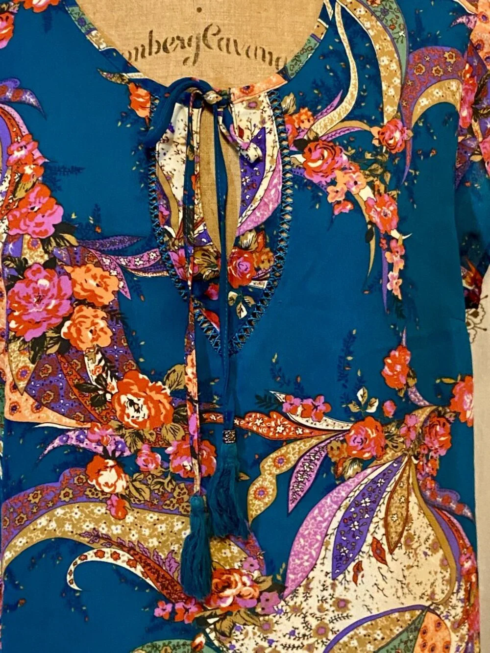 DR2 Paisley Floral Sheer Tunic Top Blue Tassels Feminine Boho Cottagecore L EUC - Picture 4 of 9